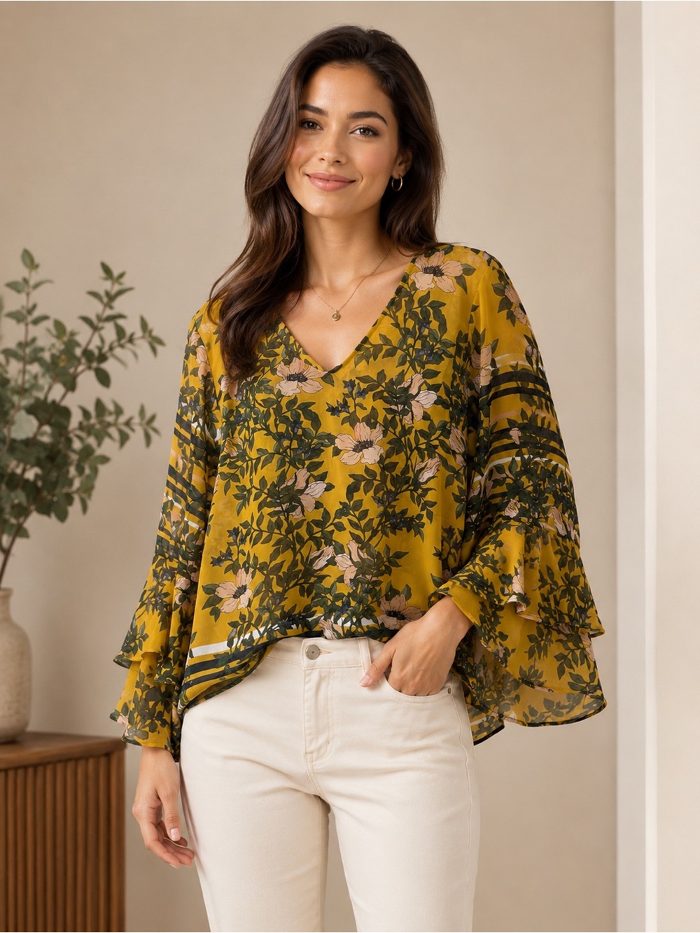 Cabi “Spring Scene” Semi Sheer Chiffon Floral V-Neck Top BOHO Cottagecore Sz M